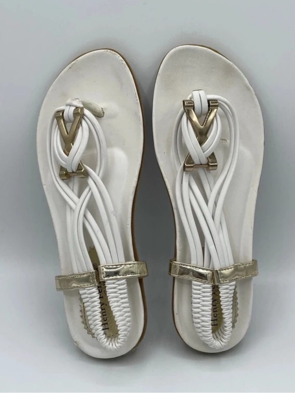 Henry Ferrera White Braided Sandals with Gold V Accent
